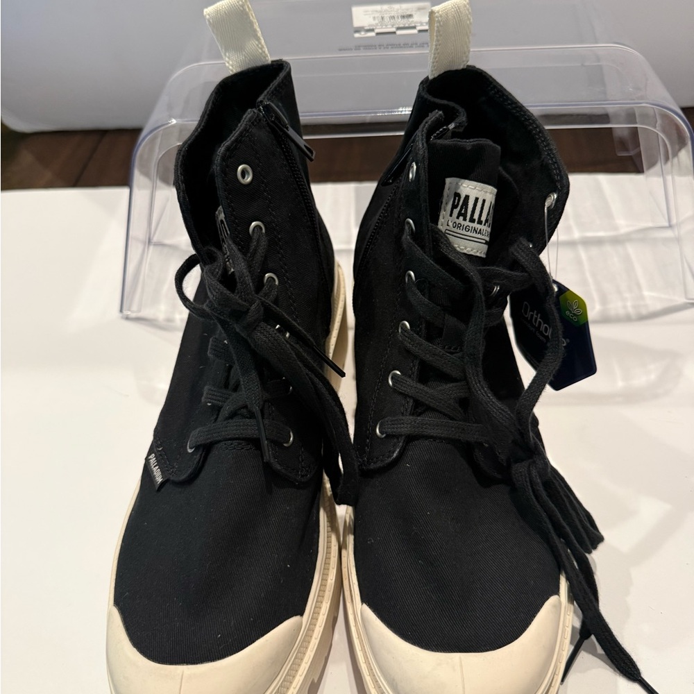 Palladium Black Canvas High-Top Boots with Cream Accents